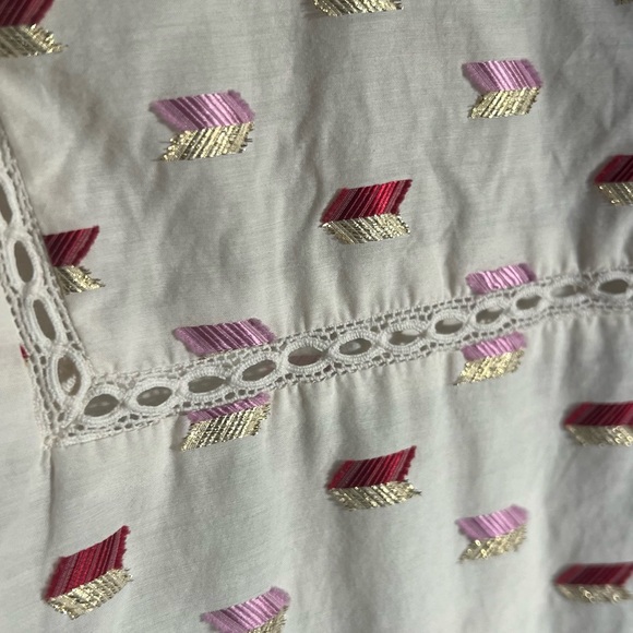 🛍️J.Crew Point Sur Metallic Embroidered Arrow Popover Blouse M pink/red/gold - Picture 5 of 9